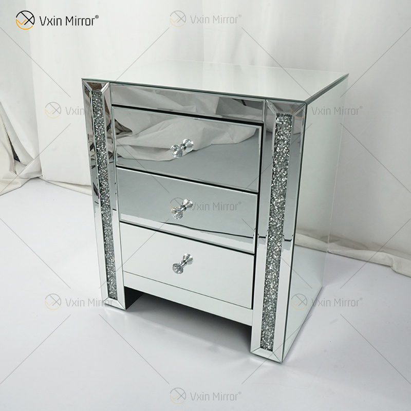 Vxin Mirror WXWF-718 Modern 3 Drawers Mirrored Bedside Table Nightstand