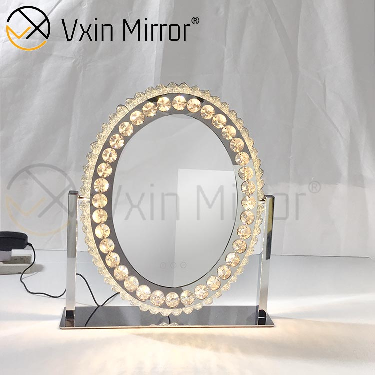 Oval Decorative Diamond Crystal Dimmable Touch Hollywood Table Top Vanity Mirror WXDL-175