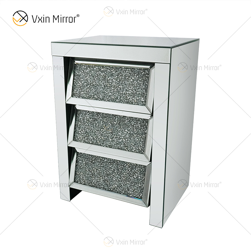 Vxin Mirror WXF-116 Silver Crystal Nightstand Bevel Mirrored Bedside Table With 3 Drawer for Bedroom