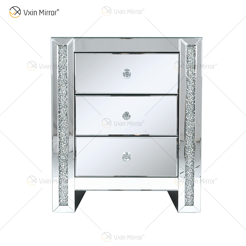 Vxin Mirror WXWF-718 Modern 3 Drawers Mirrored Bedside Table Nightstand