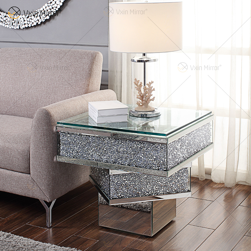 Vxin WXF-158-1 3D Crushed Diamond End Table Silver Mirror Tempered Glass Side Table