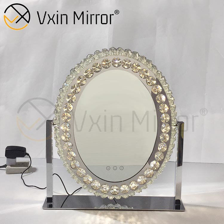 Oval Decorative Diamond Crystal Dimmable Touch Hollywood Table Top Vanity Mirror WXDL-175