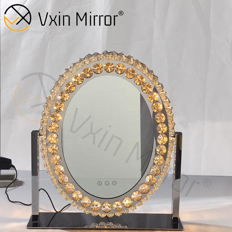 Oval Decorative Diamond Crystal Dimmable Touch Hollywood Table Top Vanity Mirror WXDL-175
