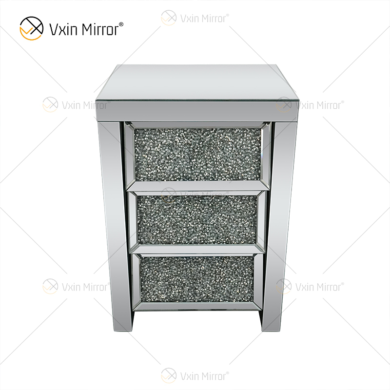 Vxin Mirror WXF-116 Silver Crystal Nightstand Bevel Mirrored Bedside Table With 3 Drawer for Bedroom