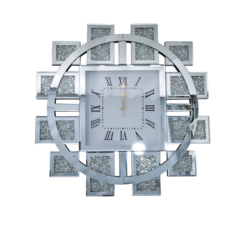 Wholesale WXMC-082 Mirrored Clock Crushed Diamond Silver Wall Decor Elegant Luxury Round Mirror Clock