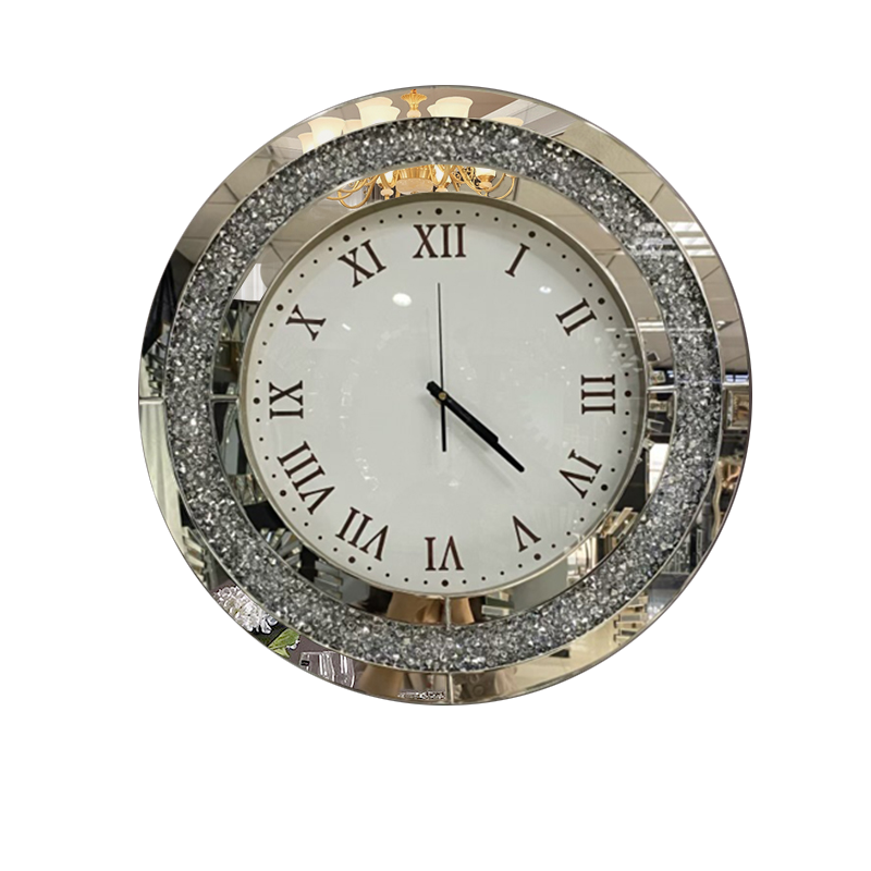 Hot Sale Modern Silver WXMC-010 Crushed Diamond Round Mirror Wall Clock