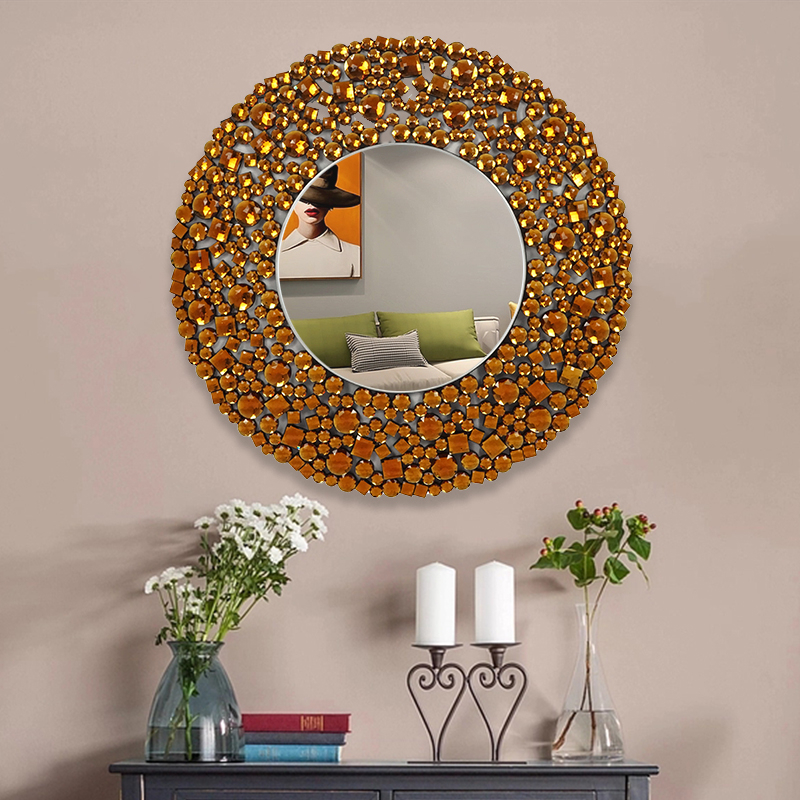 Golden Luxury Wall Decoration Silver Crystal Glass Wall Round Hanging Mirror