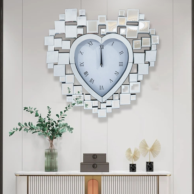 Anti-Droping Package WXMC-18 Modern Silver Decorative Heart-shaped Mirrored Clock