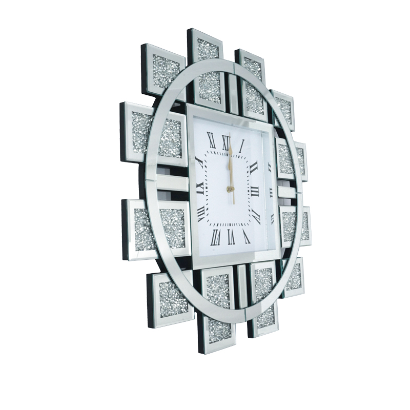 Wholesale WXMC-082 Mirrored Clock Crushed Diamond Silver Wall Decor Elegant Luxury Round Mirror Clock