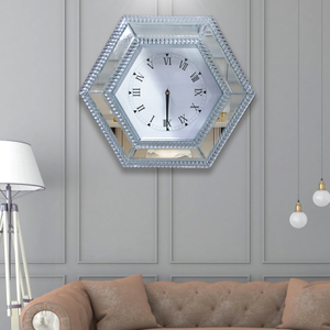 Hot Sale Modern Mirrored Clock Silver Hexagon Mirror Clock Crushed Diamond Decoration Mirror Wall Clock