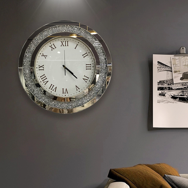 Hot Sale Modern Silver WXMC-010 Crushed Diamond Round Mirror Wall Clock