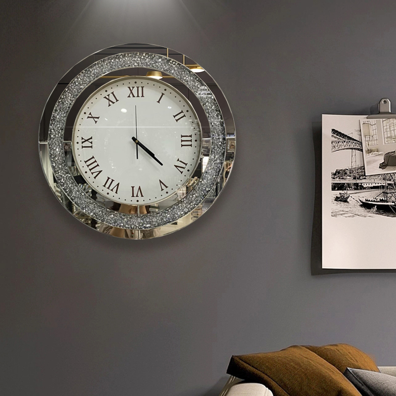 Hot Sale Modern Silver WXMC-010 Crushed Diamond Round Mirror Wall Clock