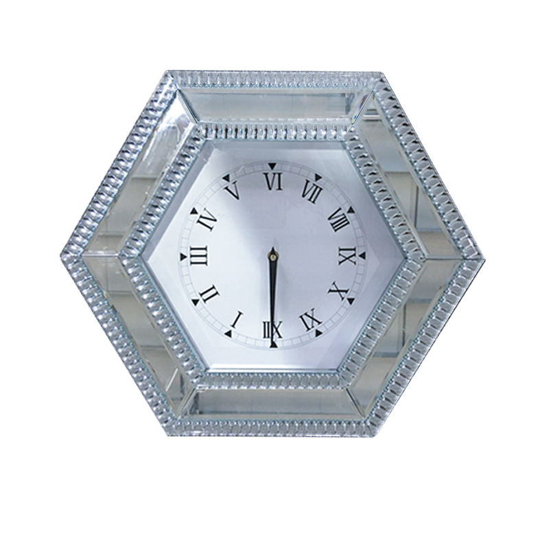 Hot Sale Modern Mirrored Clock Silver Hexagon Mirror Clock Crushed Diamond Decoration Mirror Wall Clock