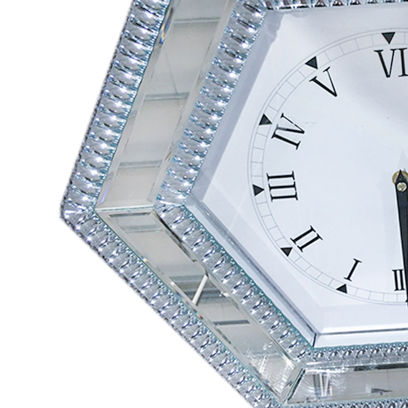 Hot Sale Modern Mirrored Clock Silver Hexagon Mirror Clock Crushed Diamond Decoration Mirror Wall Clock