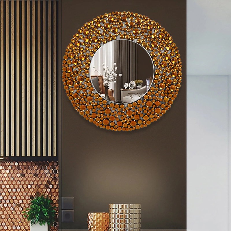 Golden Luxury Wall Decoration Silver Crystal Glass Wall Round Hanging Mirror