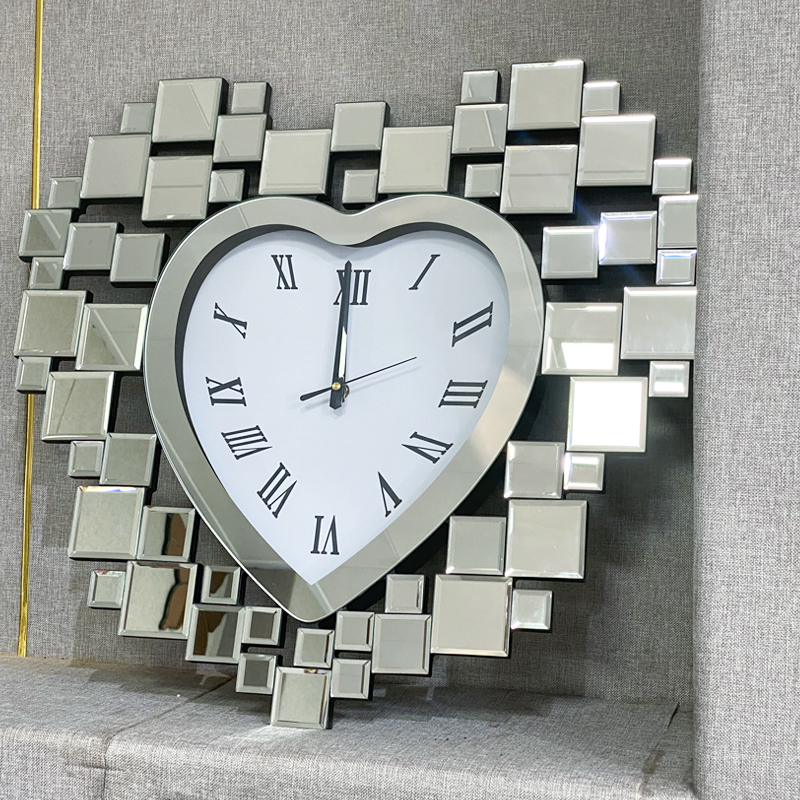 Anti-Droping Package WXMC-18 Modern Silver Decorative Heart-shaped Mirrored Clock