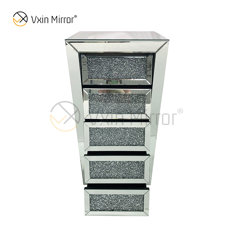 Vxin Mirror Silver Crushed WXWF-707 Diamon Nightstand Bevel Bedside Table With 5 Drawer Mirrored Bedside Table