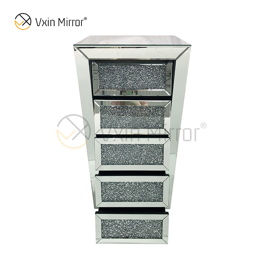 Vxin Mirror Silver Crushed WXWF-707 Diamon Nightstand Bevel Bedside Table With 5 Drawer Mirrored Bedside Table