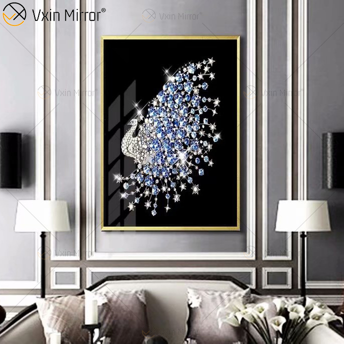 Luxury Aluminum Frame Display Peacock Crystal Porcelain Painting Sofa Background Wall Hanging Painting Living Room Decoration