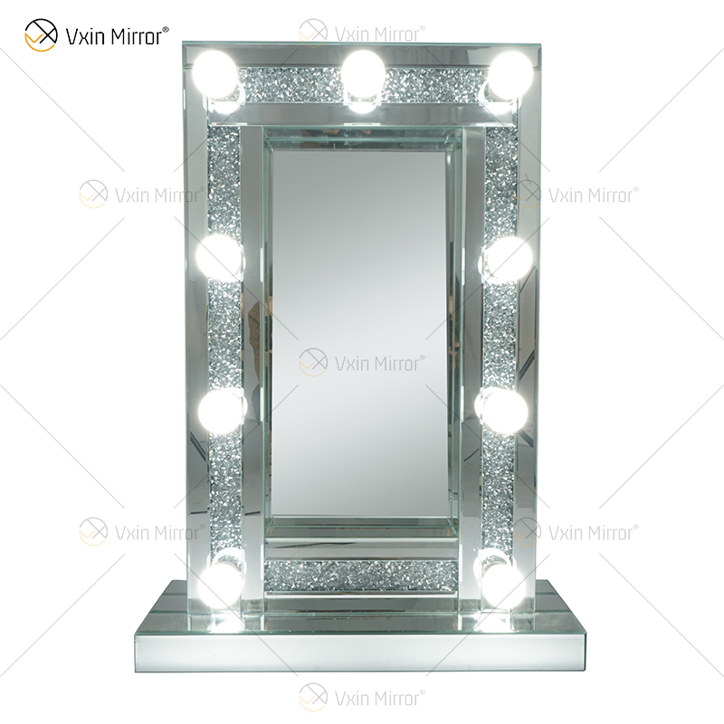 CRYSTAL SPARKLE DIAMOND CRUSH MIRRORED BEVELLED HOLLYWOOD MIRROR 9 BULB MAKE UP DRESSING TABLE WXDL-176