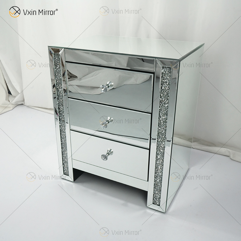 Vxin Mirror WXWF-718 Modern 3 Drawers Mirrored Bedside Table Nightstand