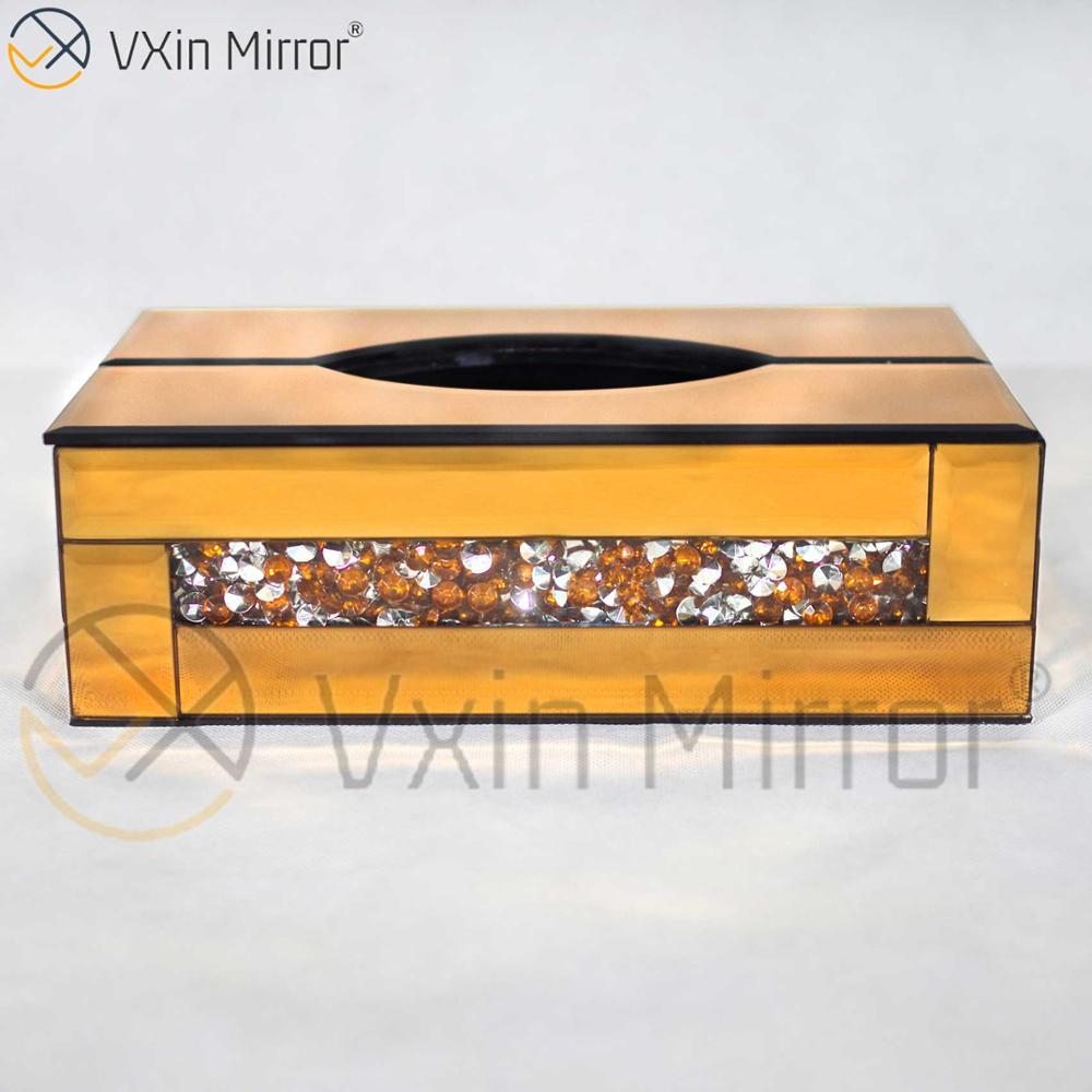 Vxin Mirror WXB-001 Brown Luxury Glass Crushed Diamond Tissue Box Mirror Tissue Box