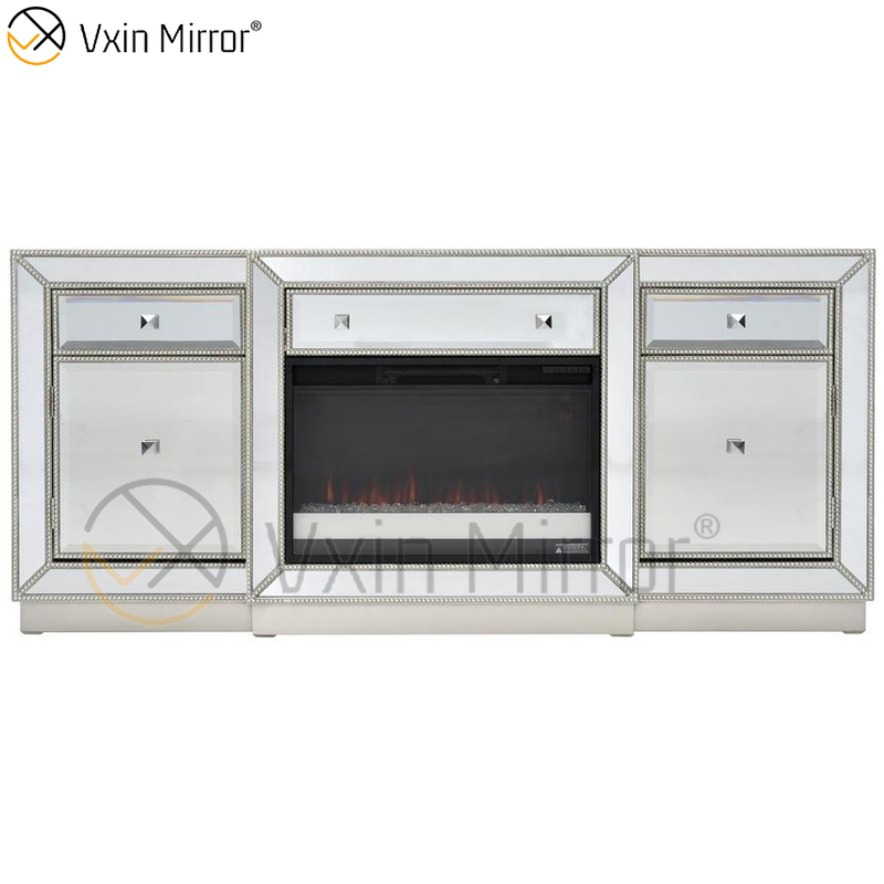 Vxin Mirror Furniture Crushed Diamond Champagne Mirrored Fireplace TV Stands Cabinet Stands with Crystal Insert
