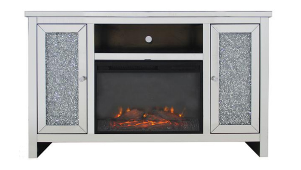 Ornate Berlin Furniture Crushed Diamond Silver Mirrored Fireplace TV Stands Cabinet With Core