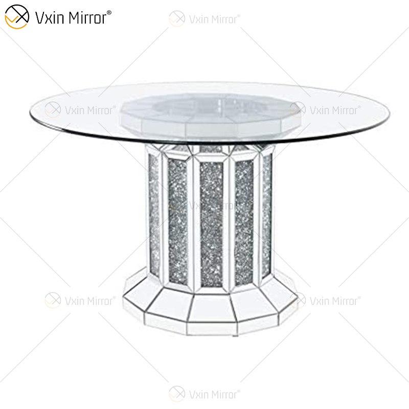 2020 New Design WXF-160 Crushed Diamond Round Silver Dining Table with Toughened Glass Table Top