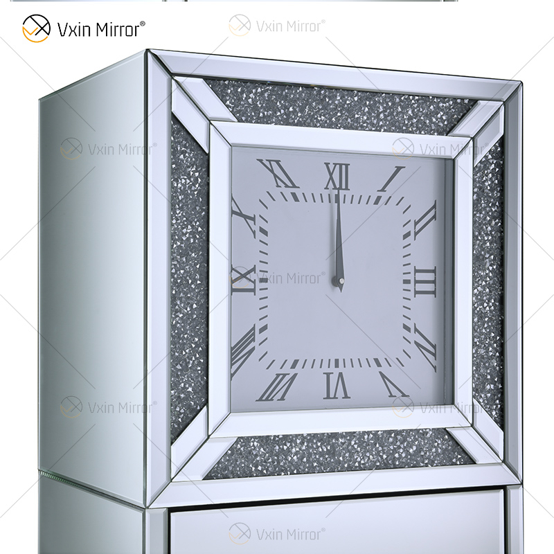 Elegant Home Decor WXF-739 Silver Mirored Crushed Diamond Clock Cabinet With 2 Drawers