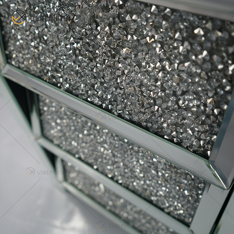 Vxin Mirror WXF-116 Silver Crystal Nightstand Bevel Mirrored Bedside Table With 3 Drawer for Bedroom