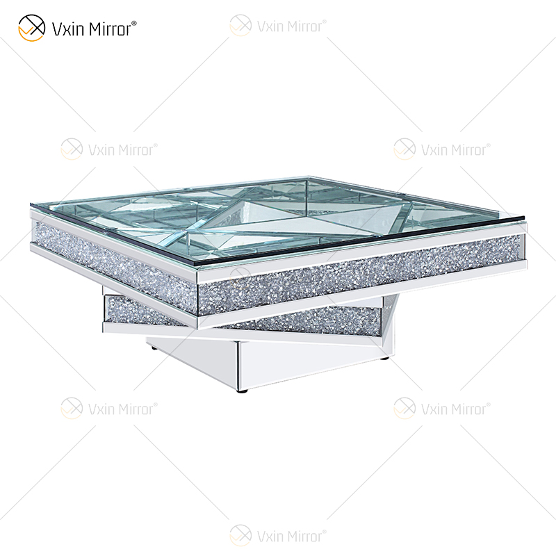 Vxin WXF-158 3D Sparkling Crushed Diamond Square Mirrored Coffee Table Silver Tempered Glass Table