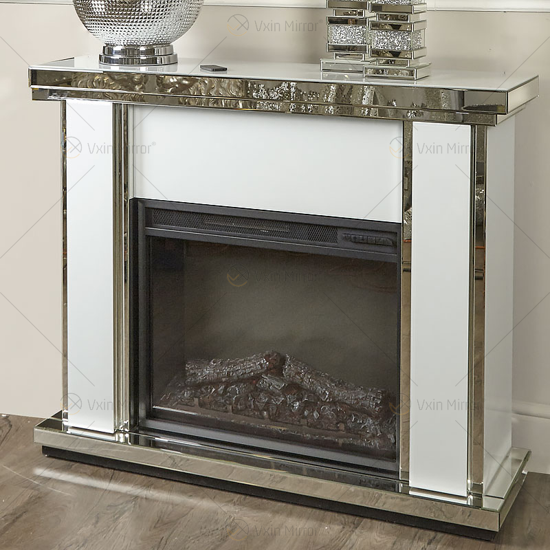 Luxury Indoor Crushed Diamond Crystal White Glass Mirror Fireplace in Living Room Furniture WXWF-1108