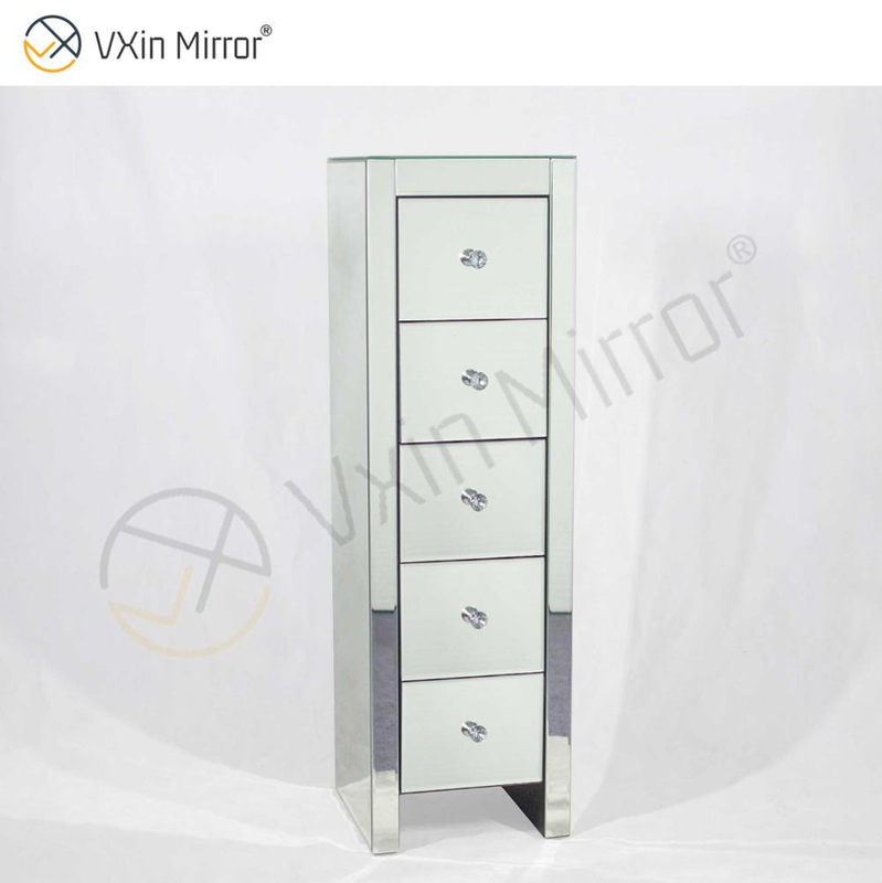 Vxin Mirror WXF-006 Five Drawer Silver Glass Nightstand Bedside Table Mirrored Bedside Table