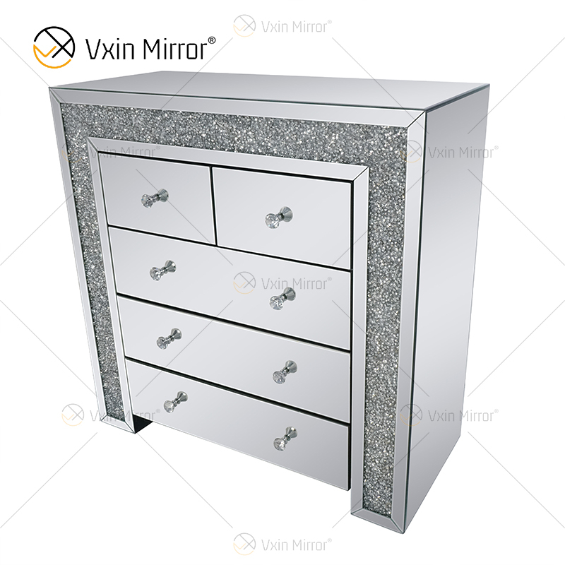 Vxin Mirrored Silver Crushed Diamond Nightstand Bedside Cabinet With 5 Drawer