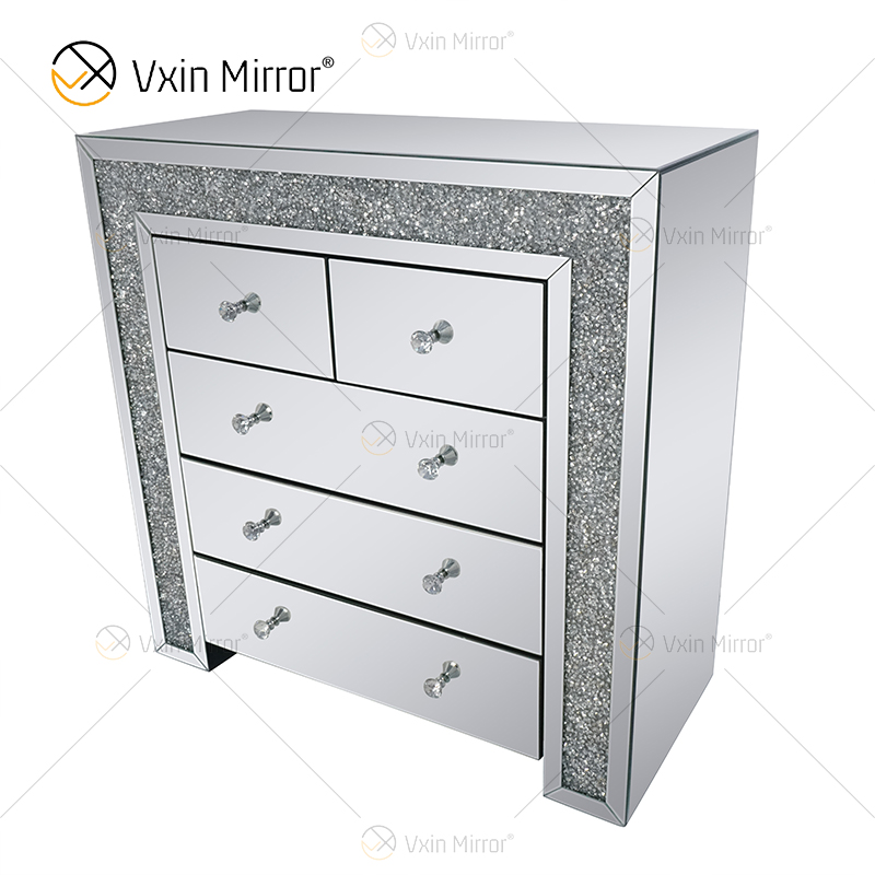 Vxin Mirrored Silver Crushed Diamond Nightstand Bedside Cabinet With 5 Drawer