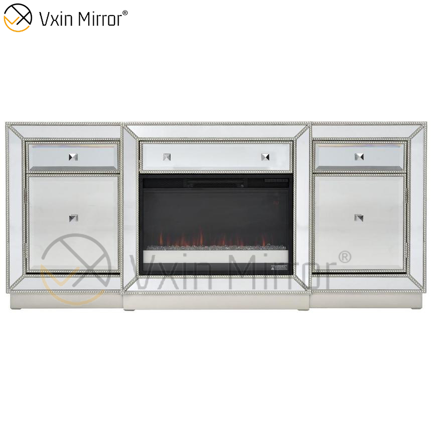Vxin Mirror Furniture Crushed Diamond Champagne Mirrored Fireplace TV Stands Cabinet Stands with Crystal Insert