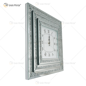 Hot Sale Mirrored Clock WXMC-078 Crushed Diamond Silver Wall Decor Elegant Square Clock