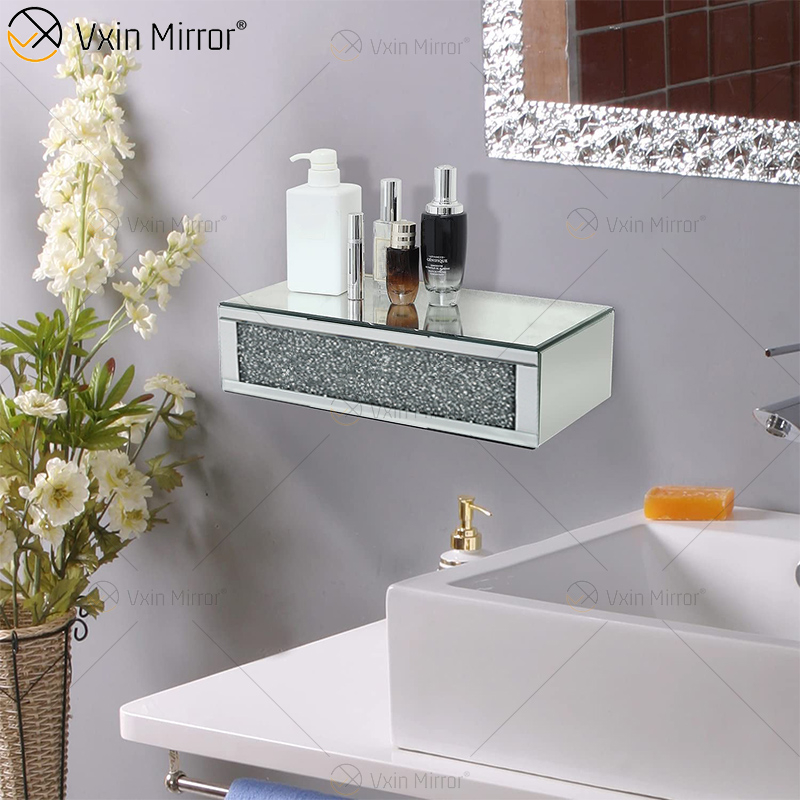 Vxin Factory Supply WXF-153 Silver Wall Decor Silver Crushed Diamond Mirror Rectangle Wall Shelf