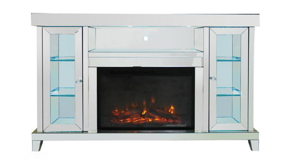 Ornate Berlin Furniture Crushed Diamond Silver Mirrored Fireplace TV Stands Cabinet With Core