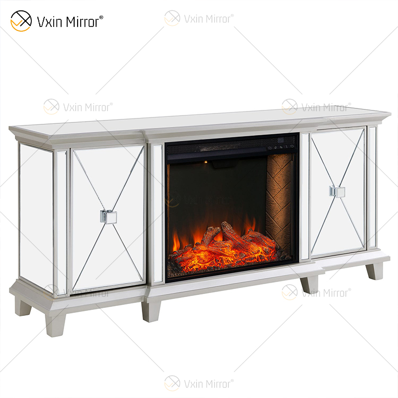 Ornate Berlin Furniture WXF-415 Champagne Silver Mirrored Fireplace TV Stands Cabinet With Hot Wind Insert 2 Types