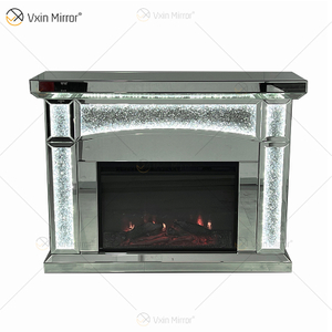New Design WXMF026-1 LED Silver Crystal Glass Living Room Mirror Fireplace with Insert Indoor