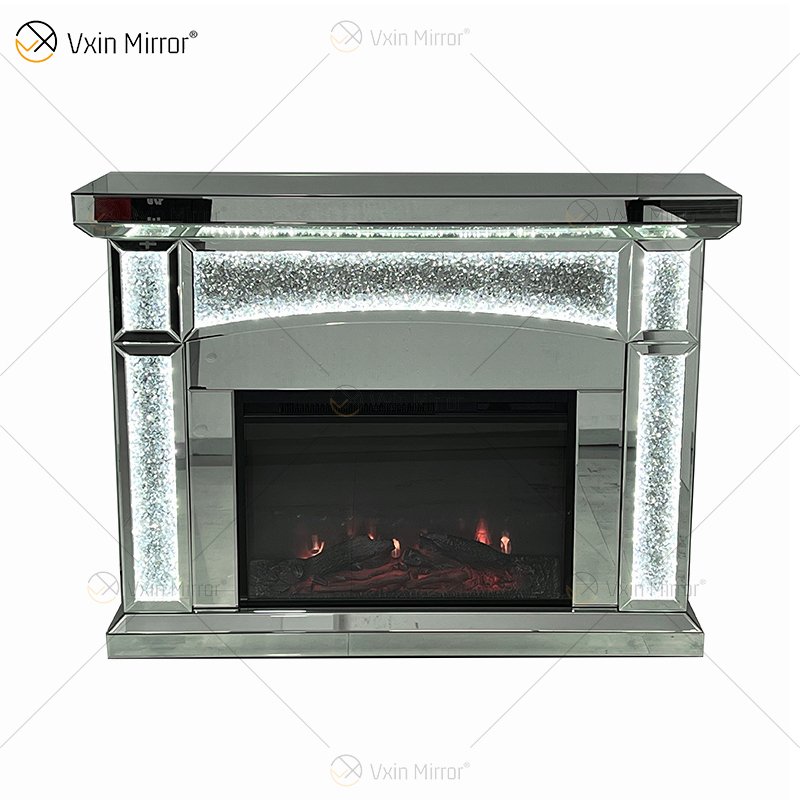 New Design WXMF026-1 LED Silver Crystal Glass Living Room Mirror Fireplace with Insert Indoor