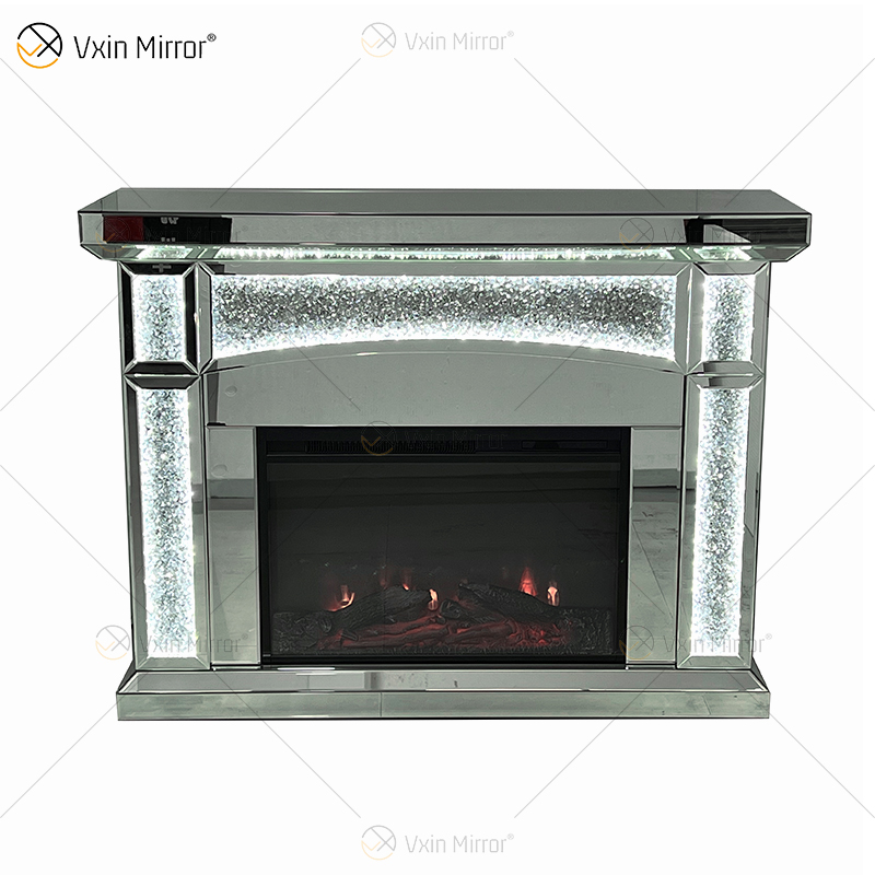 New Design WXMF026-1 LED Silver Crystal Glass Living Room Mirror Fireplace with Insert Indoor