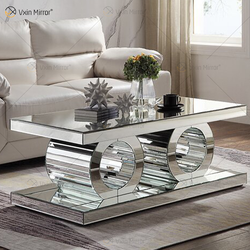Vxin 3D Sparkling Simple Modern Glass Coffee Table Geometry Mirrored Coffee Table Silver Covered for Living Room