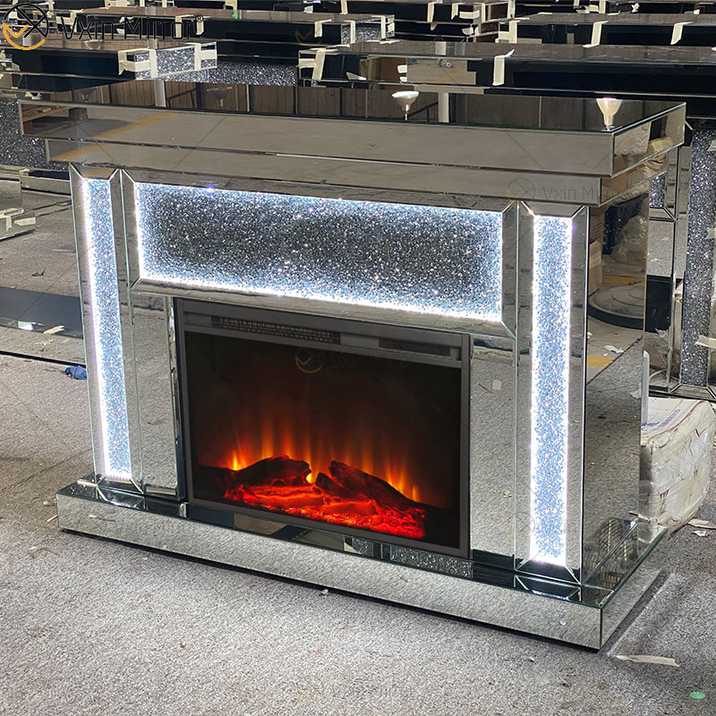 Multi-color LED Silver Crystal Glass Living Room Mirror Fireplace with Insert Indoor