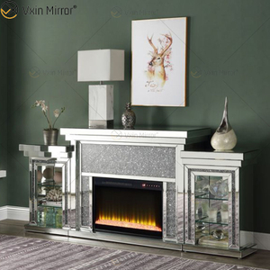 Multi-color LED Silver Crystal Glass Living Room Mirror Fireplace with Drawers