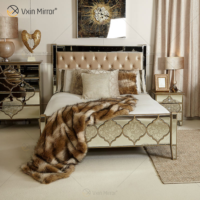 Antique Furniture King Bed Golden Frame Mirrored Super Bed
