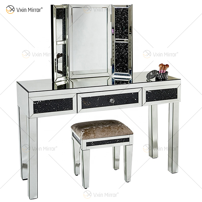 China Supply Modern Crushed Diamond Silver Dressing Table with Stool 2 Drawers with Full-length Mirror