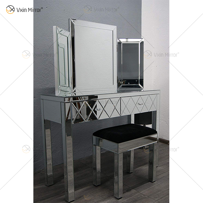 China Supply Modern Crushed Diamond Silver Dressing Table with Stool 2 Drawers with Full-length Mirror